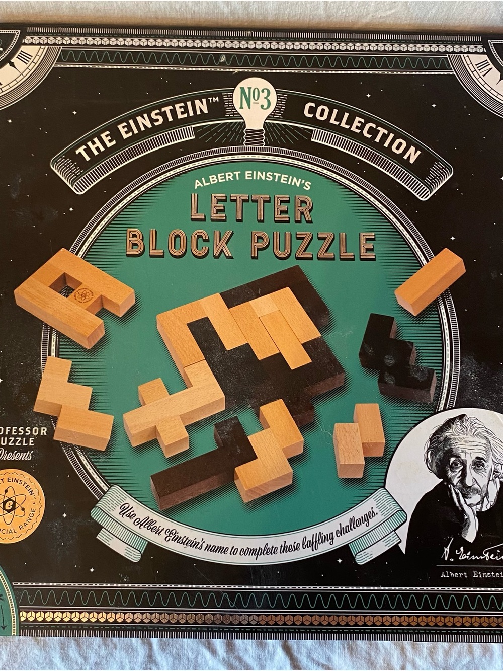 Albert Einstein Letter Block Puzzle - Natural & Black Wooden Blocks